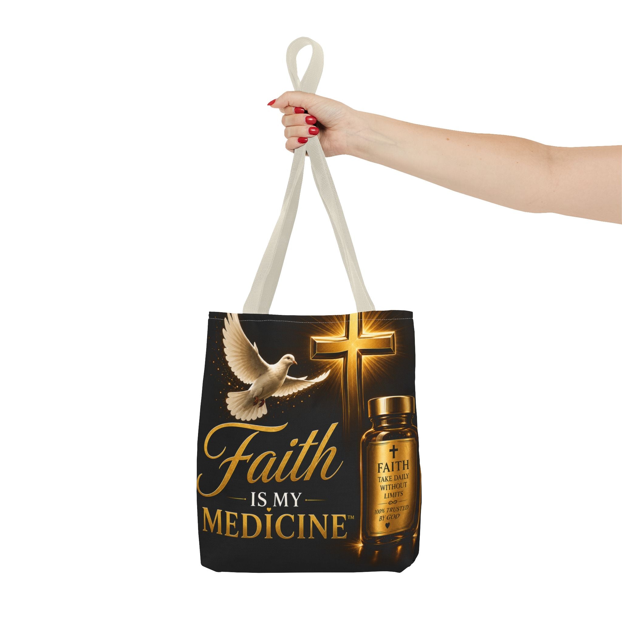 Faith Is My Medicine Tote Bag — Christian Inspirational Cross & Dove Tote (Jeremiah 30:17)