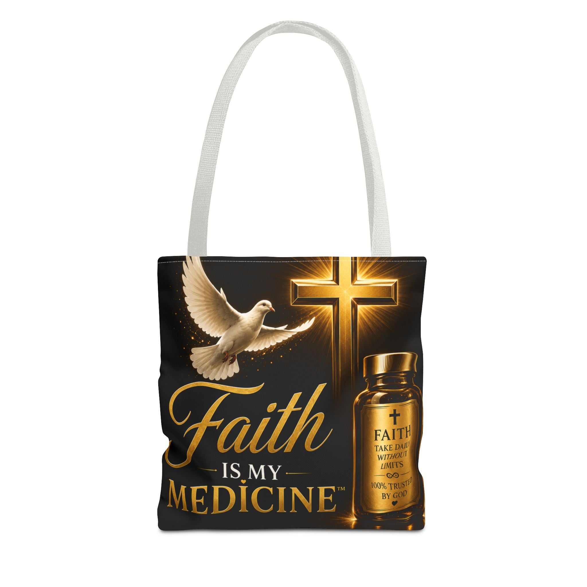 Faith Is My Medicine Tote Bag — Christian Inspirational Cross & Dove Tote (Jeremiah 30:17)