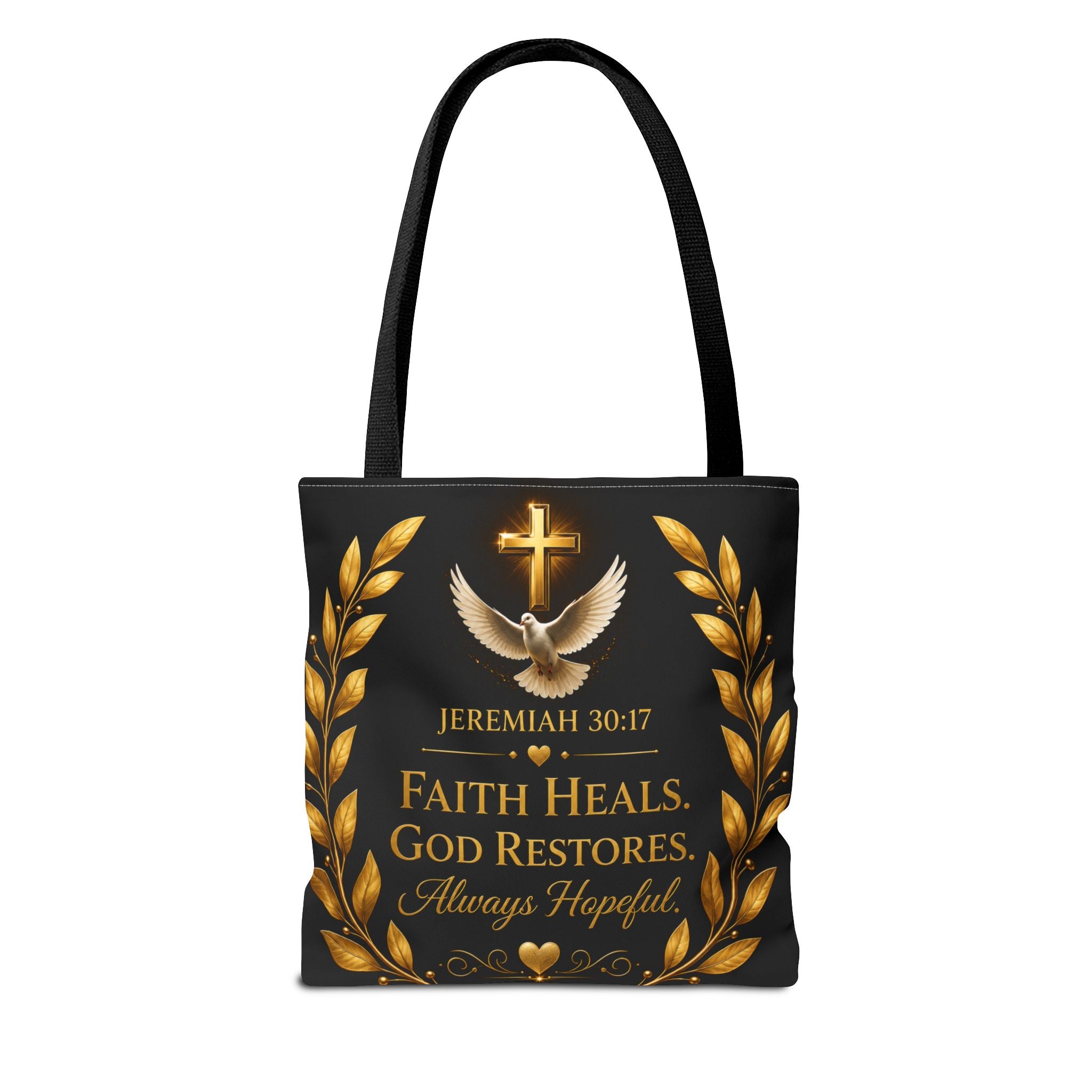 Faith Is My Medicine Tote Bag — Christian Inspirational Cross & Dove Tote (Jeremiah 30:17)