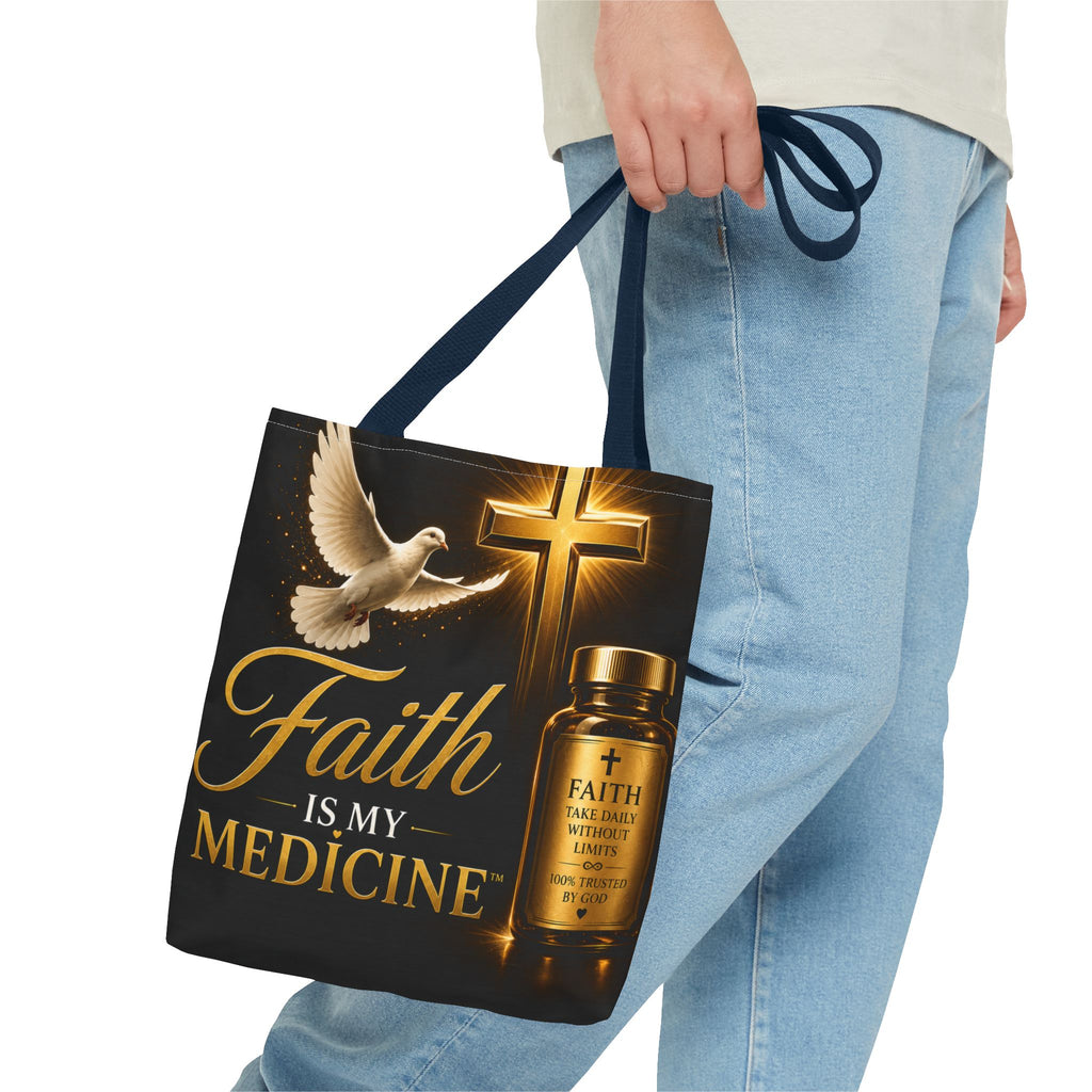 Faith Is My Medicine Tote Bag — Christian Inspirational Cross & Dove Tote (Jeremiah 30:17)