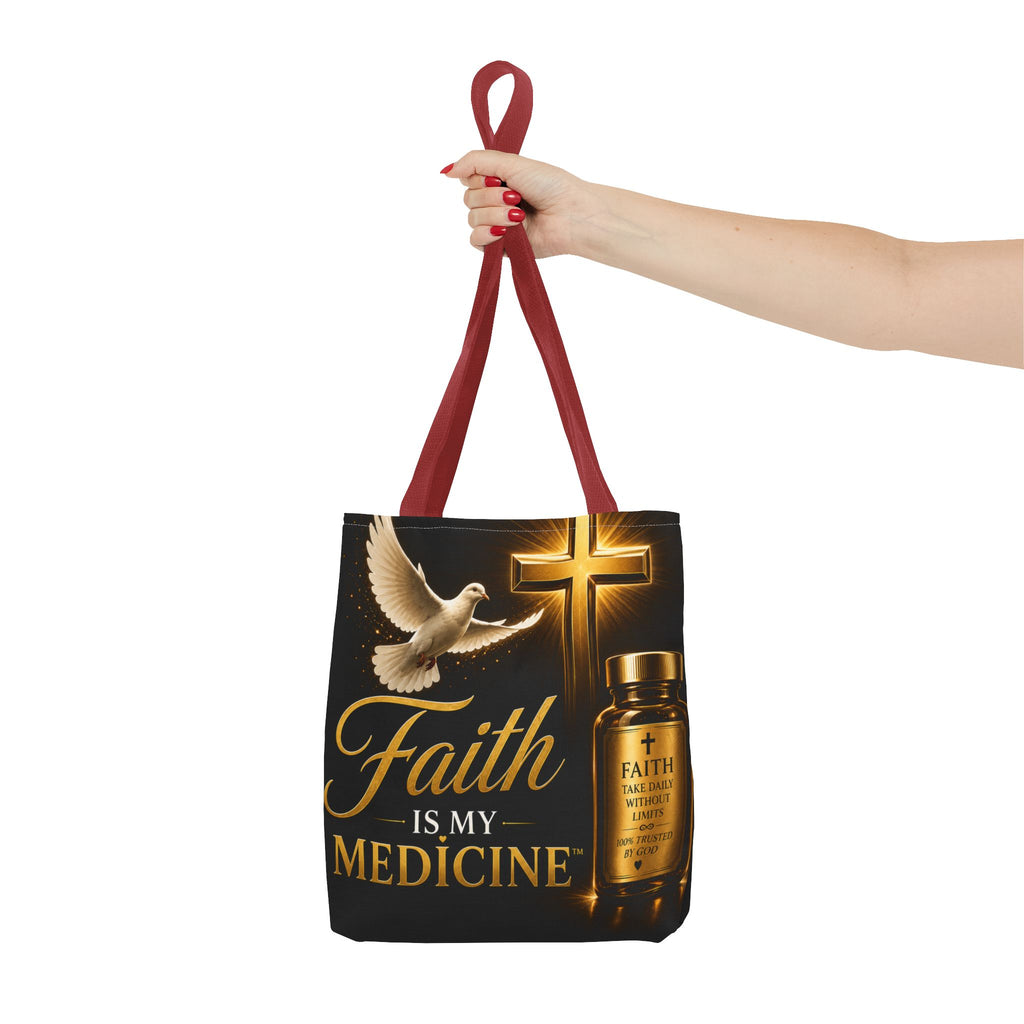 Faith Is My Medicine Tote Bag — Christian Inspirational Cross & Dove Tote (Jeremiah 30:17)