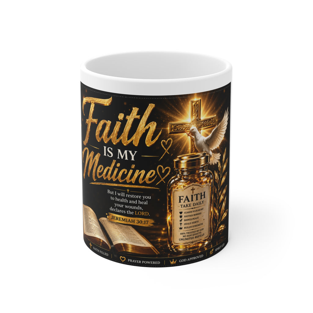 Faith Is My Medicine Mug — Inspirational Christian Coffee Cup (Jeremiah 30:17)