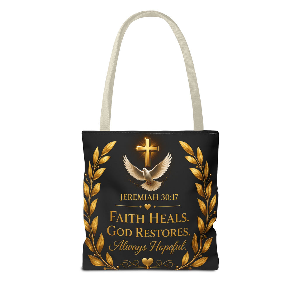 Faith Is My Medicine Tote Bag — Christian Inspirational Cross & Dove Tote (Jeremiah 30:17)