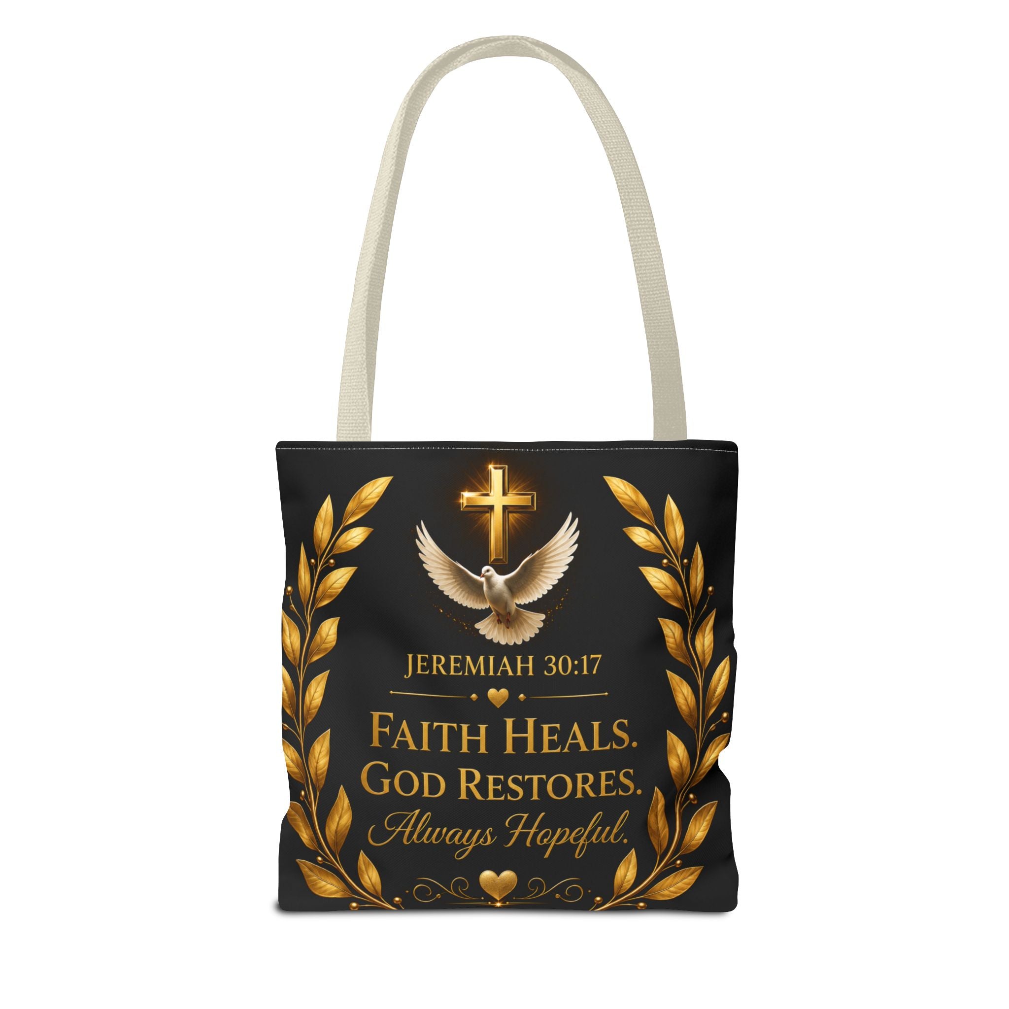 Faith Is My Medicine Tote Bag — Christian Inspirational Cross & Dove Tote (Jeremiah 30:17)