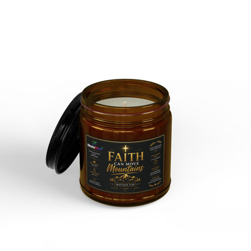 Faith Can Move Mountains Scented Soy Candle — 4oz & 9oz Amber Jar with Black Lid