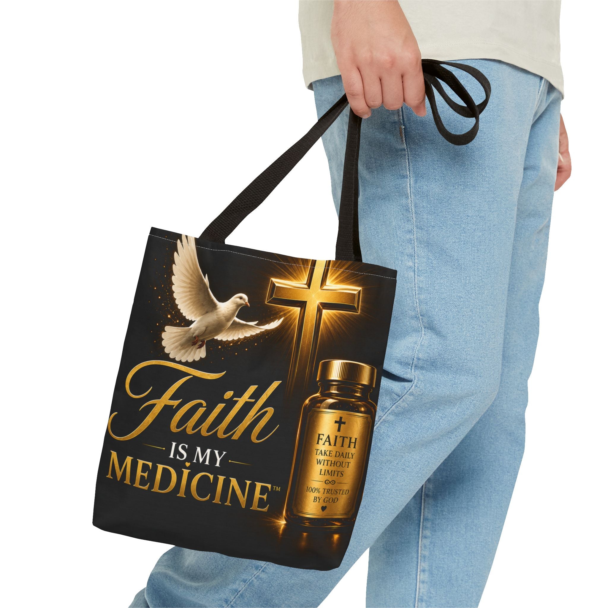 Faith Is My Medicine Tote Bag — Christian Inspirational Cross & Dove Tote (Jeremiah 30:17)