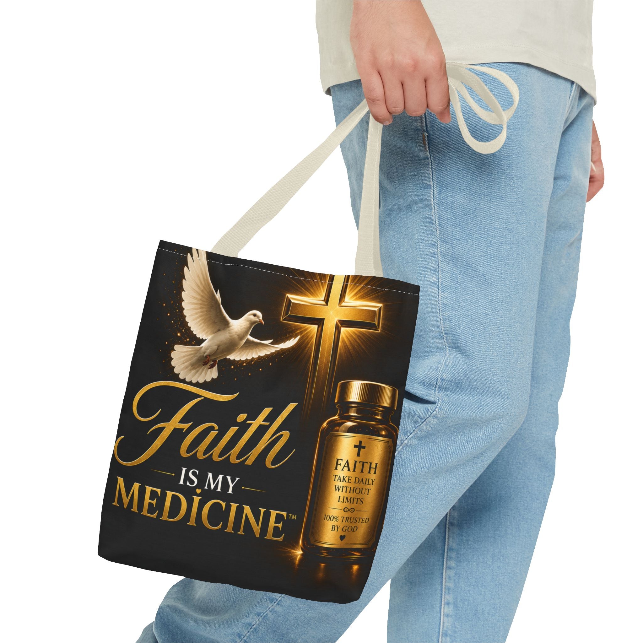 Faith Is My Medicine Tote Bag — Christian Inspirational Cross & Dove Tote (Jeremiah 30:17)