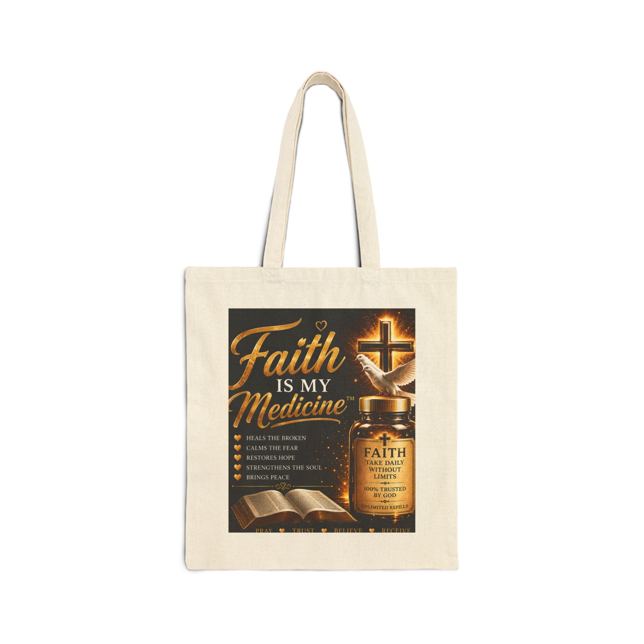 Faith Is My Medicine Tote — Christian Scripture Canvas Tote Bag (Jeremiah 30:17)
