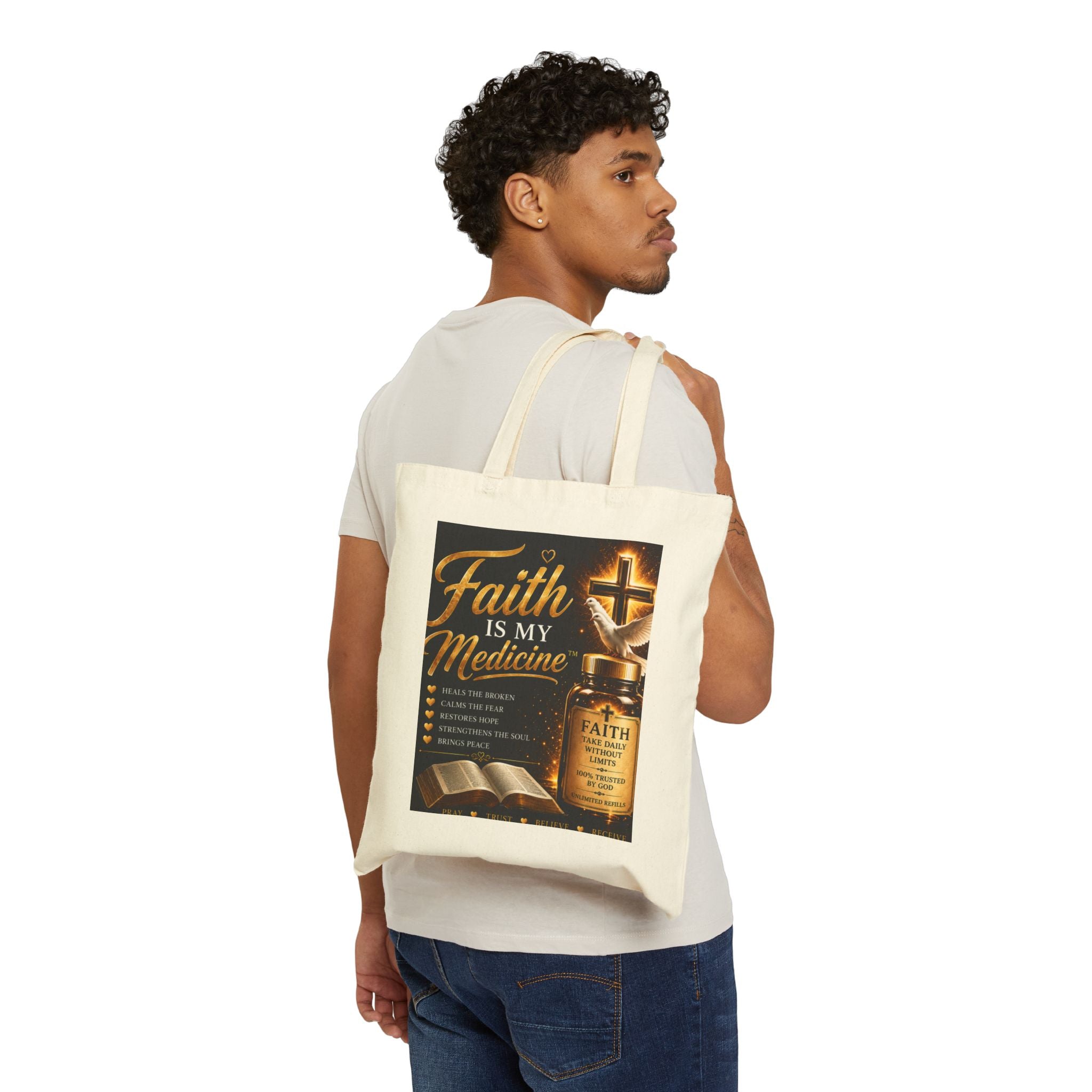 Faith Is My Medicine Tote — Christian Scripture Canvas Tote Bag (Jeremiah 30:17)