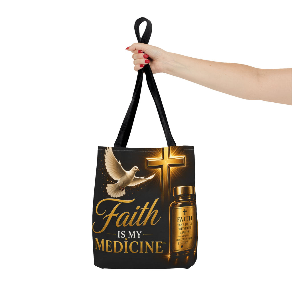 Faith Is My Medicine Tote Bag — Christian Inspirational Cross & Dove Tote (Jeremiah 30:17)