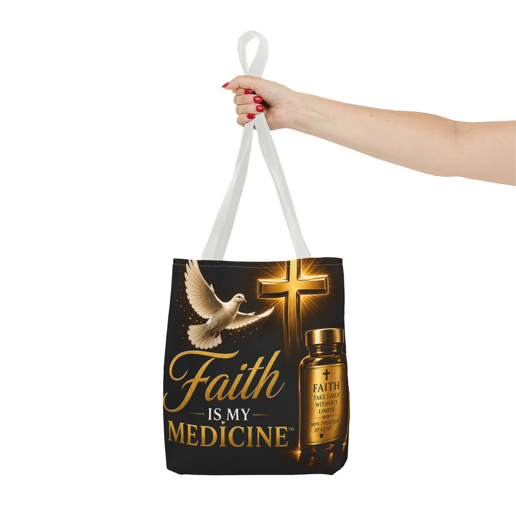 Faith Is My Medicine Tote Bag — Christian Inspirational Cross & Dove Tote (Jeremiah 30:17)