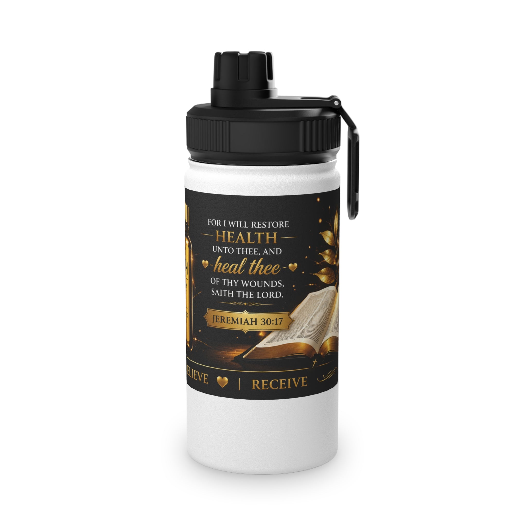 Faith Water Bottle — Inspirational Stainless Steel Sports Bottle with Bible, Cross & Dove Design