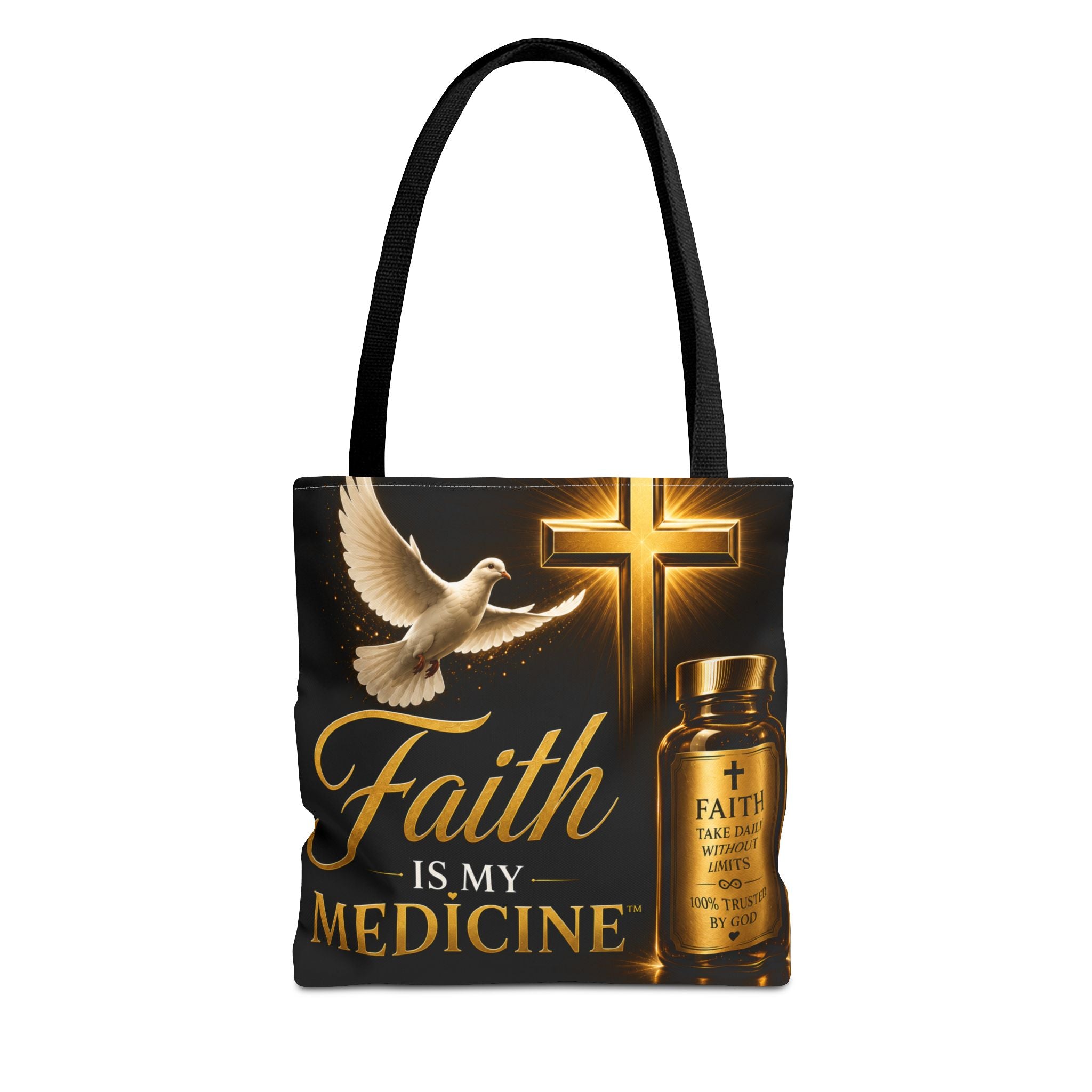 Faith Is My Medicine Tote Bag — Christian Inspirational Cross & Dove Tote (Jeremiah 30:17)