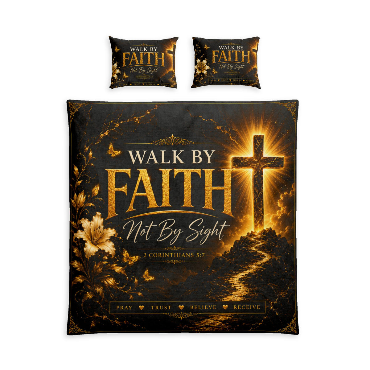 Walk by Faith Christian Cotton Bed Set – 2 Corinthians 5:7 Duvet Cover & Shams