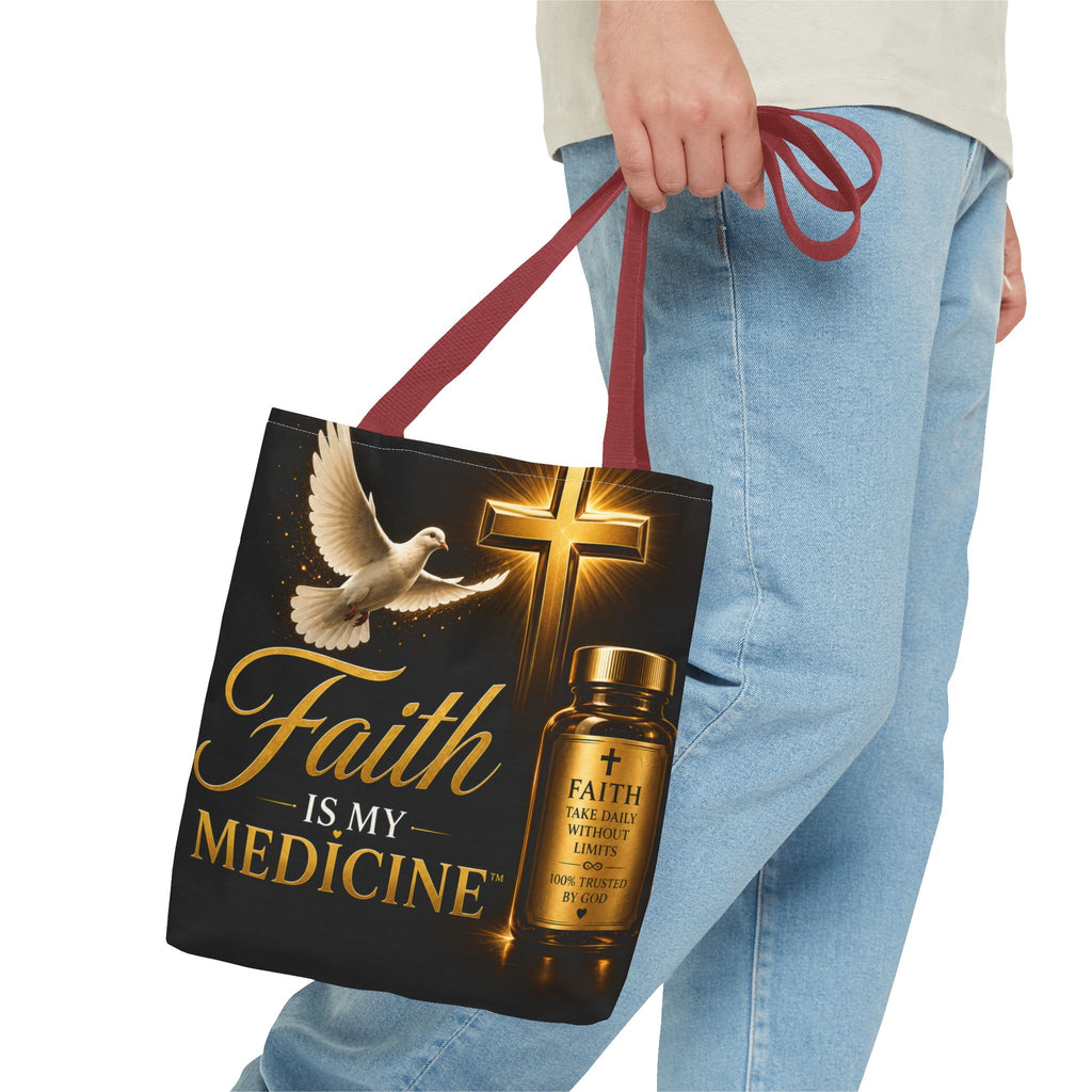 Faith Is My Medicine Tote Bag — Christian Inspirational Cross & Dove Tote (Jeremiah 30:17)