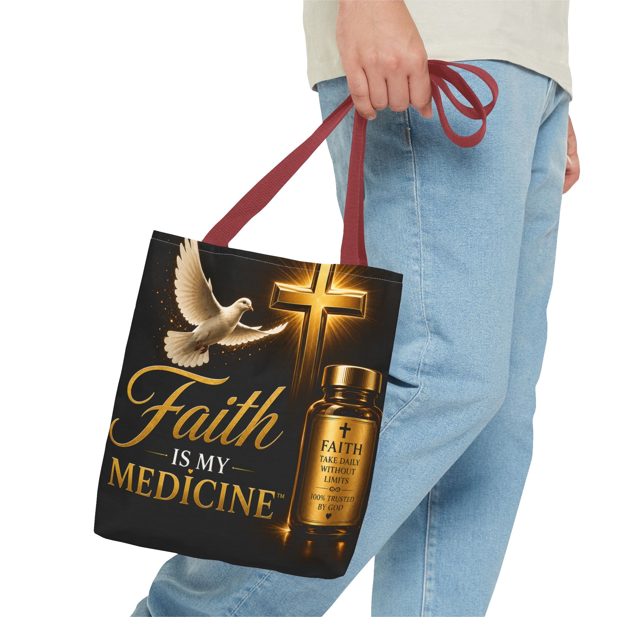 Faith Is My Medicine Tote Bag — Christian Inspirational Cross & Dove Tote (Jeremiah 30:17)