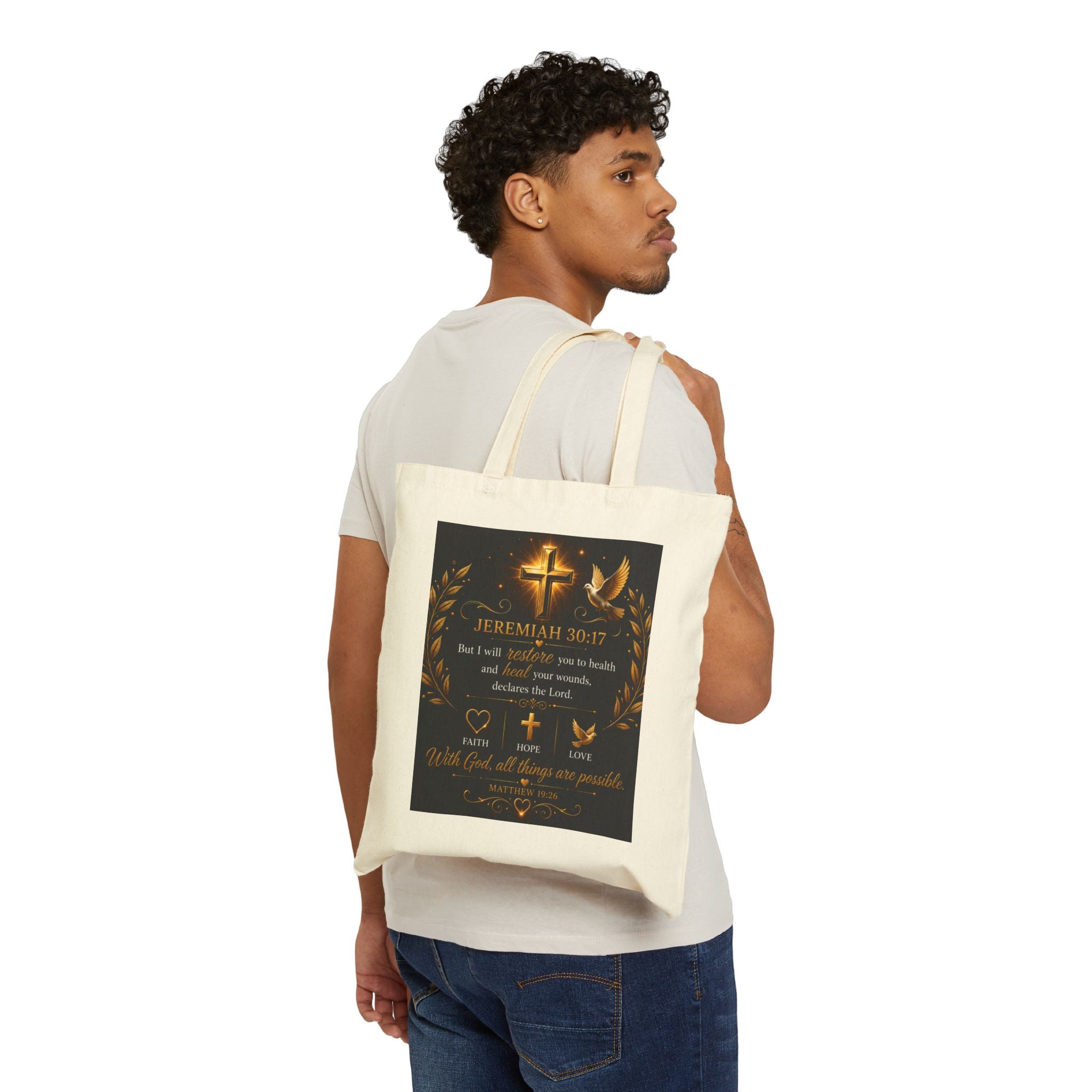 Faith Is My Medicine Tote — Christian Scripture Canvas Tote Bag (Jeremiah 30:17)