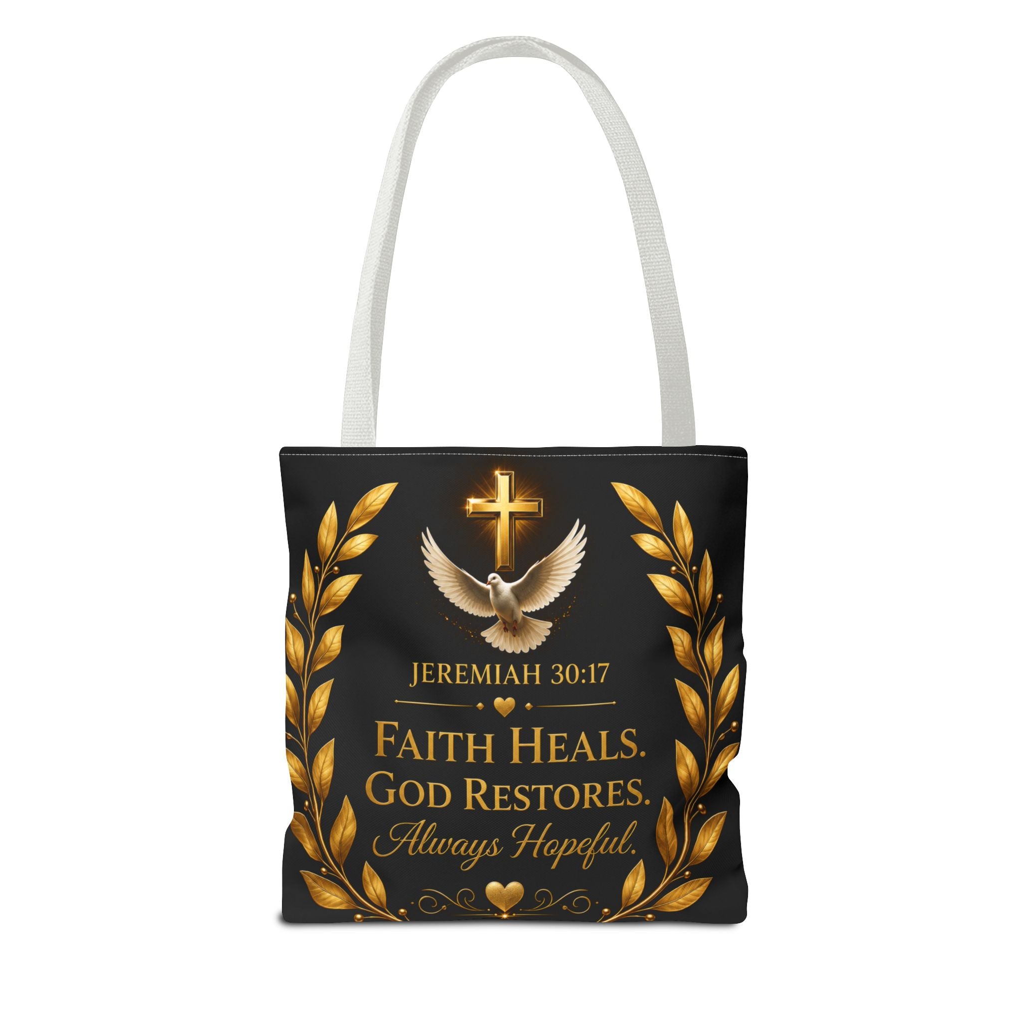 Faith Is My Medicine Tote Bag — Christian Inspirational Cross & Dove Tote (Jeremiah 30:17)