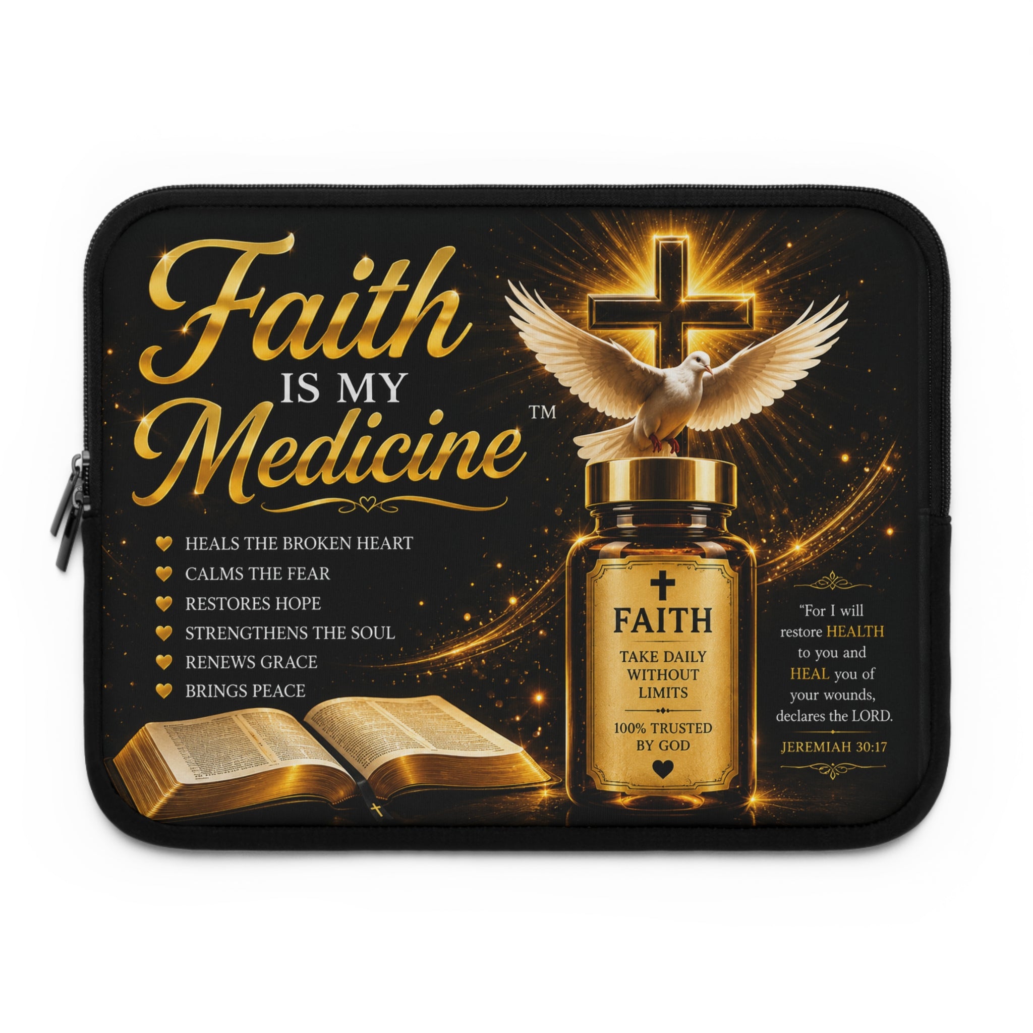 Faith Is My Medicine Laptop Sleeve — Christian Cross & Dove Spiritual Protective Case