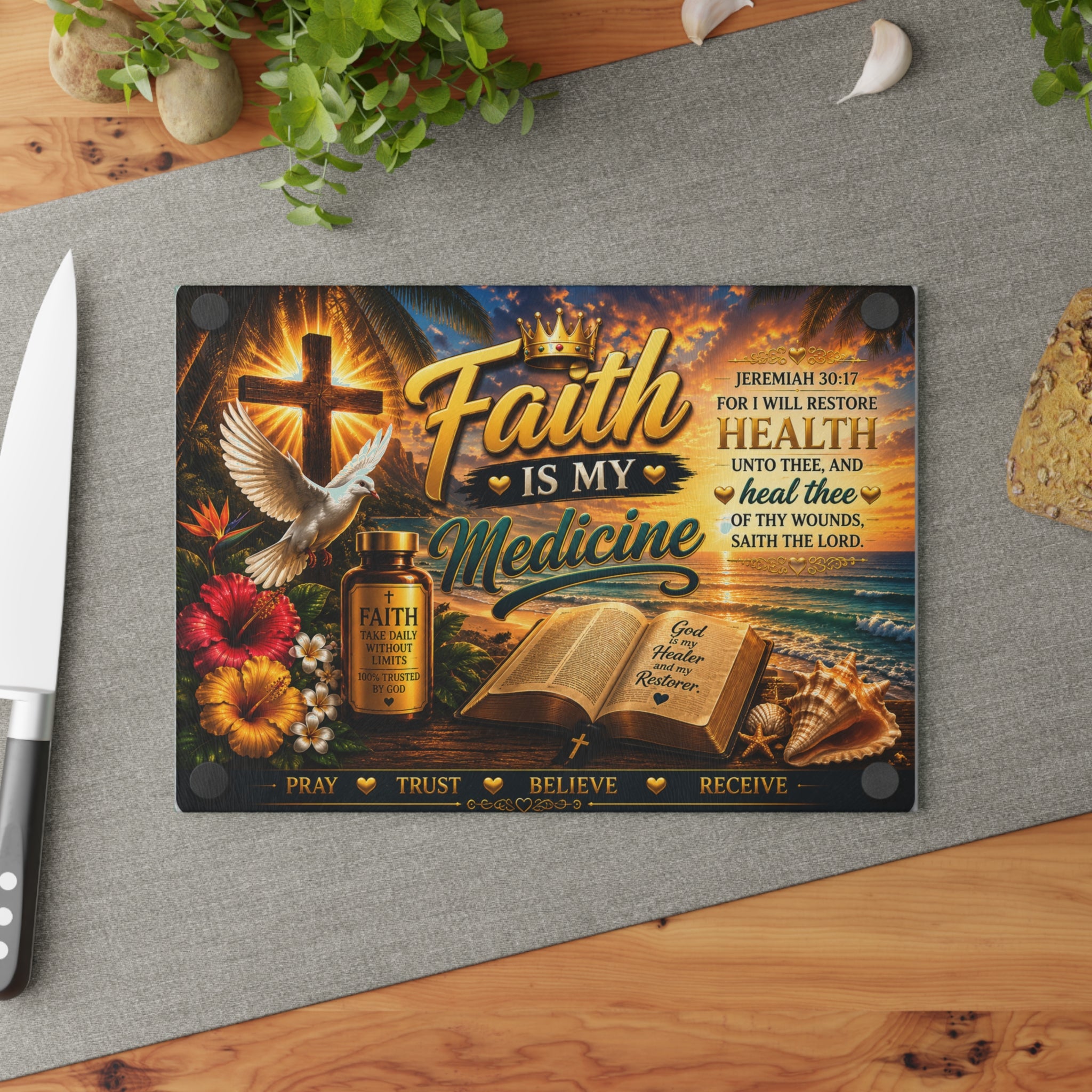 Faith Is My Medicine Glass Cutting Board — Inspirational Christian Kitchen Decor