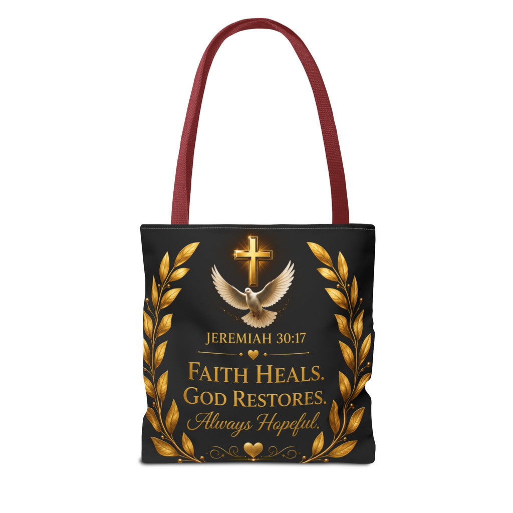 Faith Is My Medicine Tote Bag — Christian Inspirational Cross & Dove Tote (Jeremiah 30:17)